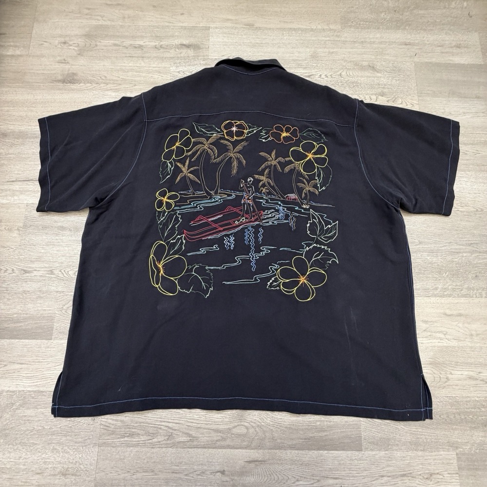 Tori Richard Shirt Men's 2XB Black Silk Hawaiian  Embroidered Button Up Aloha‎